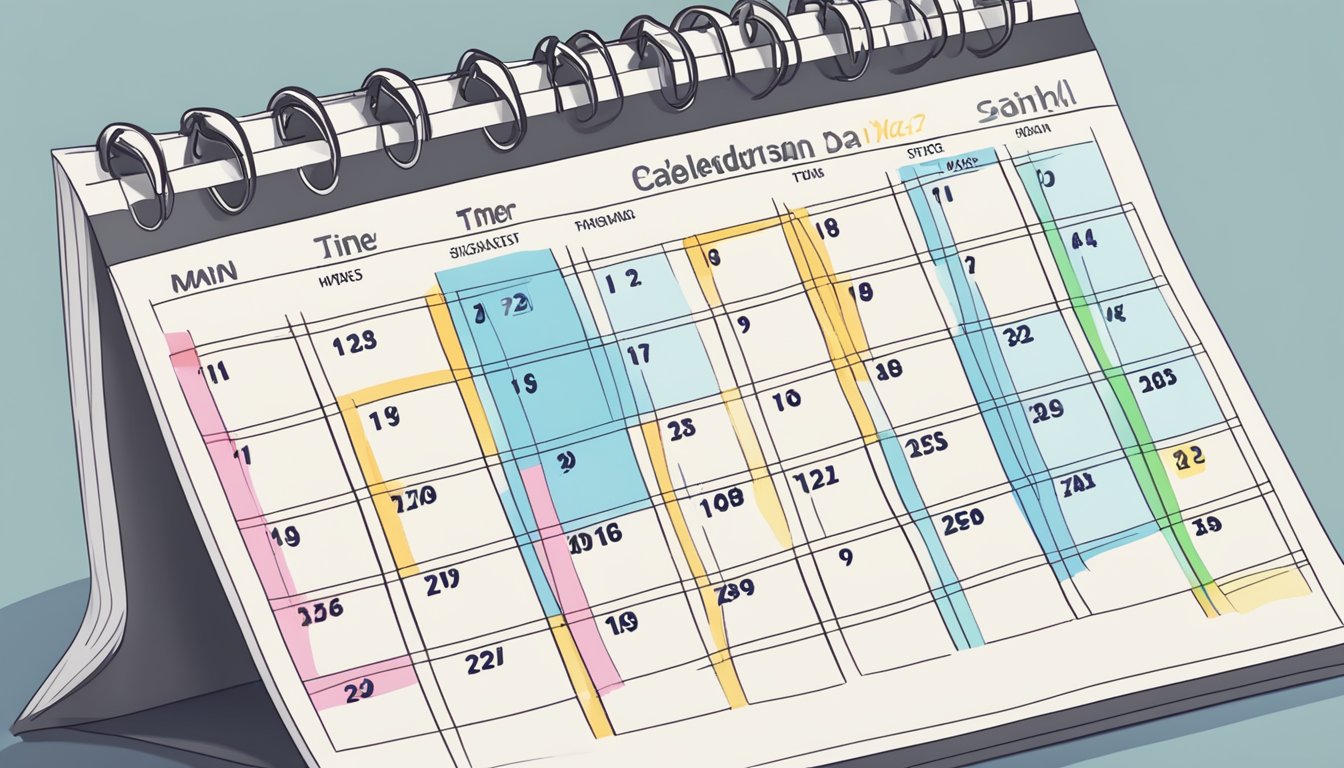 A calendar on a desk, with highlighted dates and labeled time slots