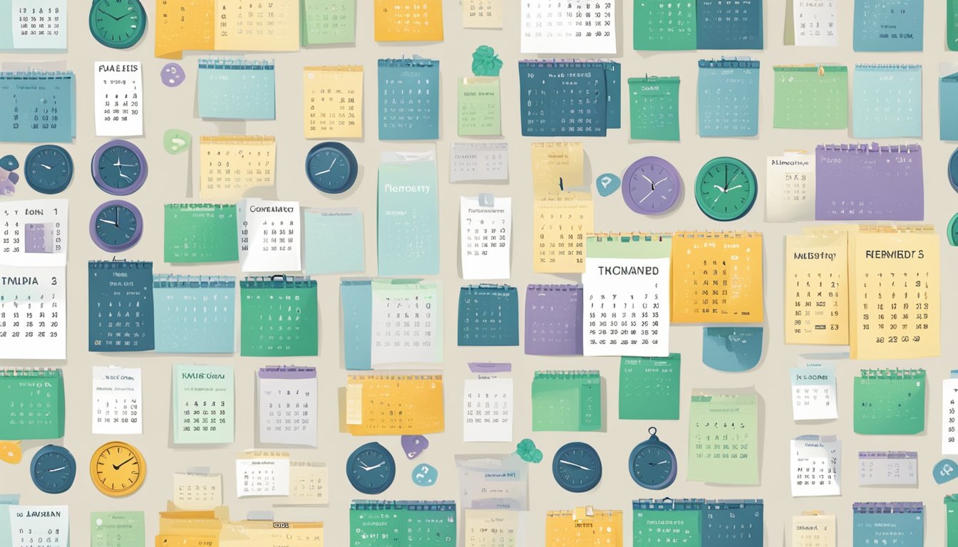 A calendar with labeled time slots and dates, surrounded by clocks and reminders