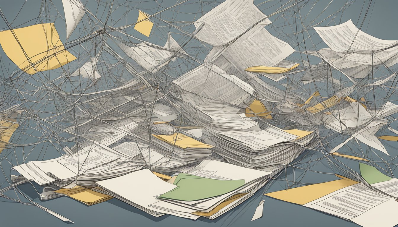 A tangled web of paperwork and legal documents, symbolizing the complexities of the assigned risk definition in the insurance industry