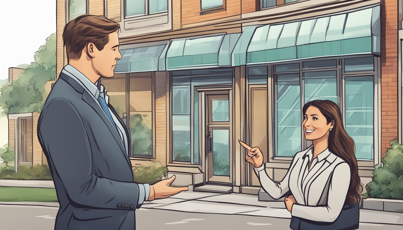 A business owner discusses replacement cost with an insurance agent, pointing to a building and assets