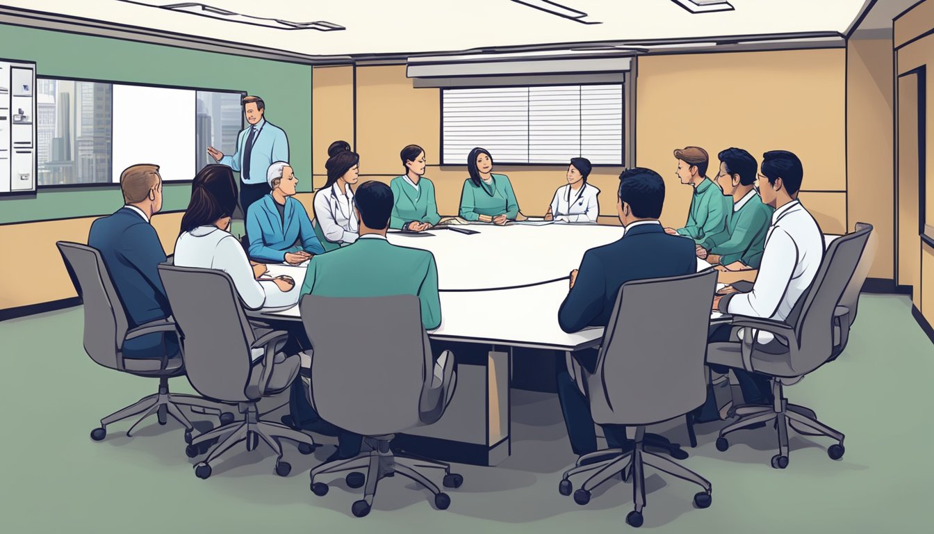 A group of healthcare providers and insurance representatives discussing preferred provider arrangements in a conference room