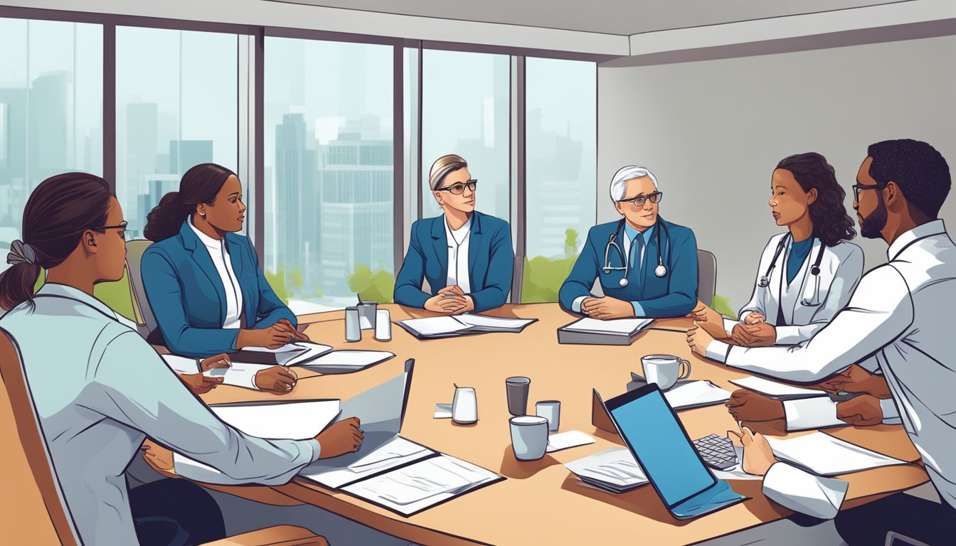 Healthcare providers discussing preferred provider arrangements in a boardroom meeting