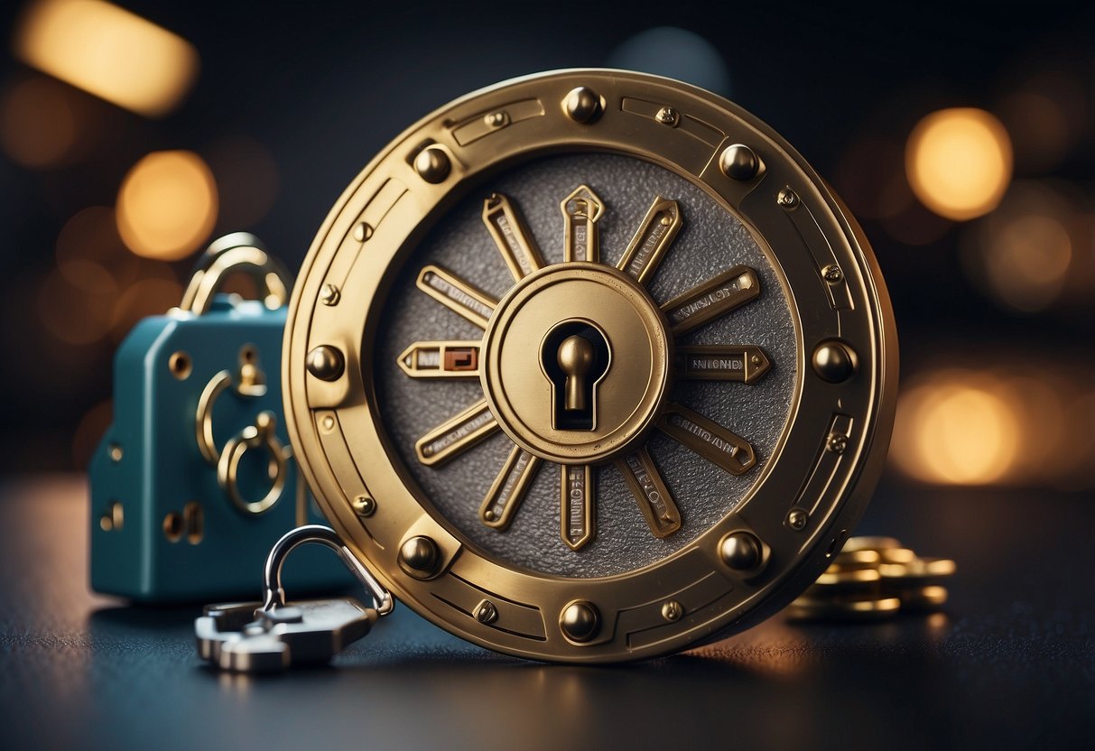 A secure vault surrounded by a shield, with a lock and key, protected by a digital shield to represent security in DeFi