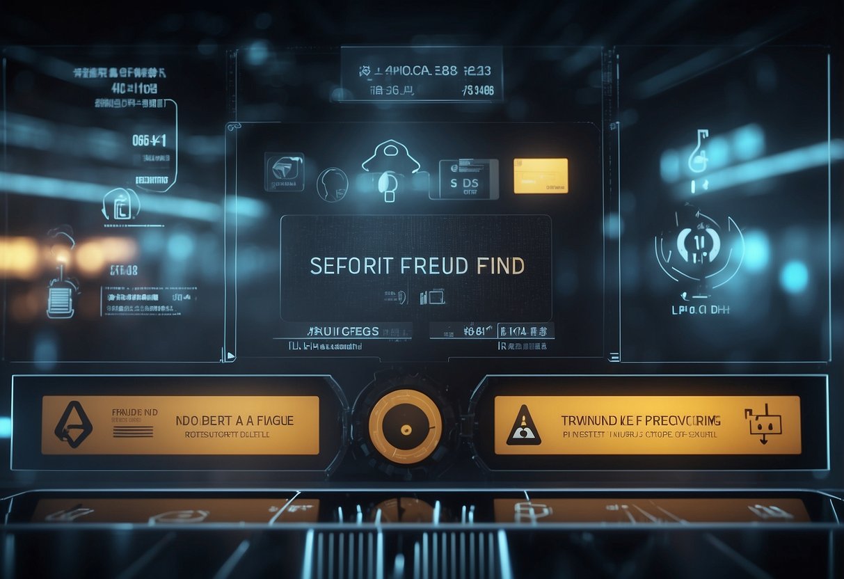 A scene of a digital interface with warning signs and security symbols, representing the topic of fraud prevention in DeFi