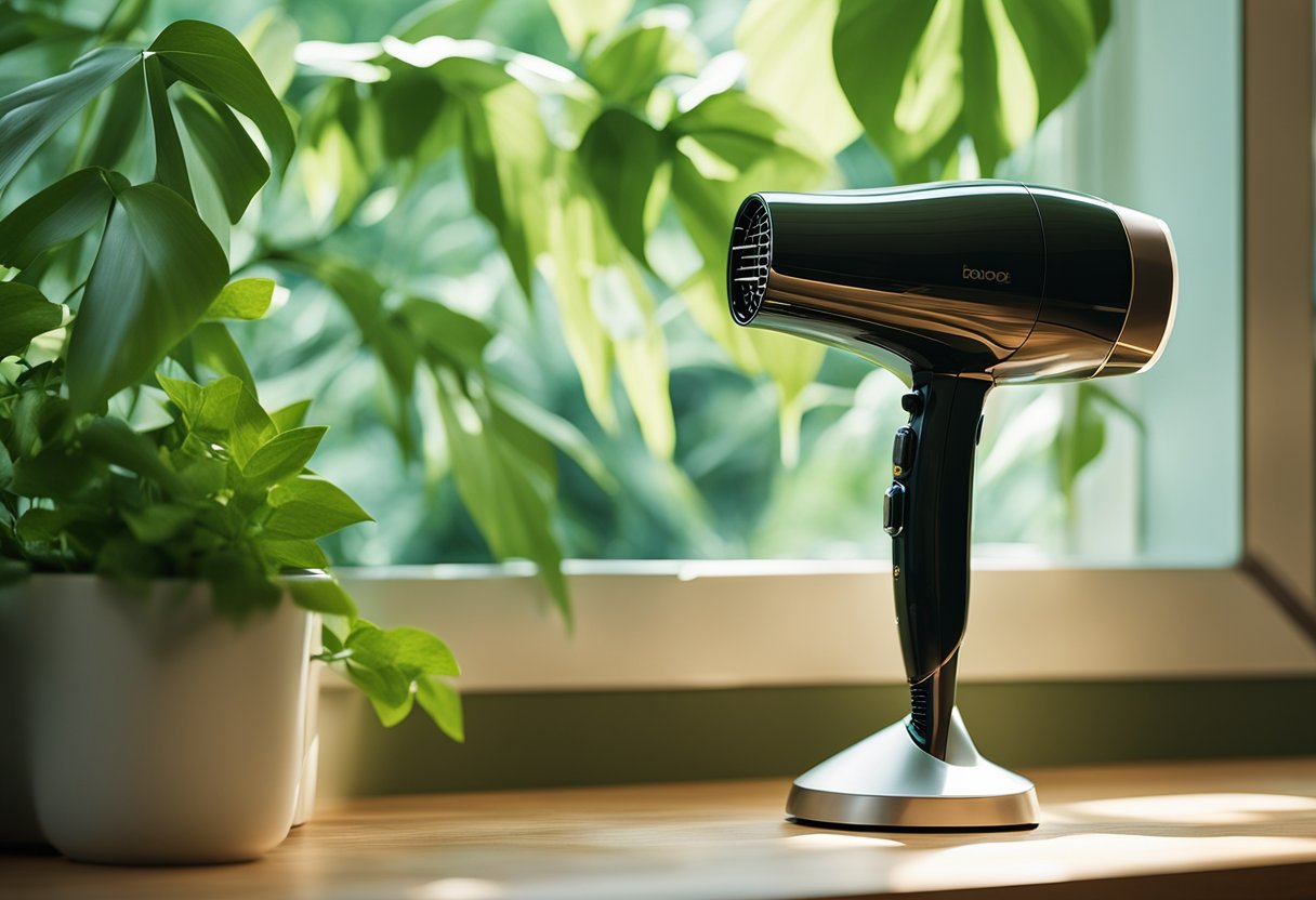 A sleek, modern hairdryer sits on a bamboo countertop, surrounded by lush green plants. The soft glow of natural light filters through the window, illuminating the eco-friendly beauty tool