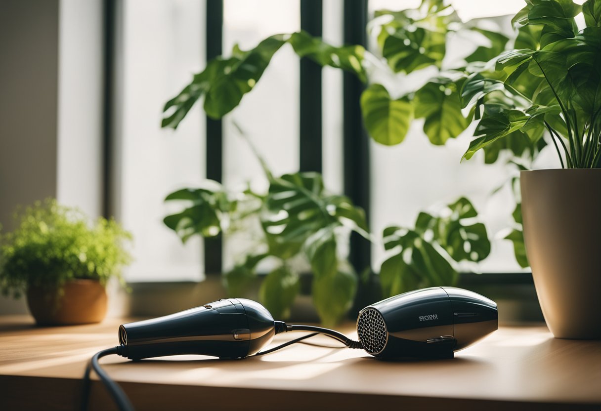 A hair dryer placed on a wooden countertop, surrounded by green plants and natural light streaming in from a nearby window