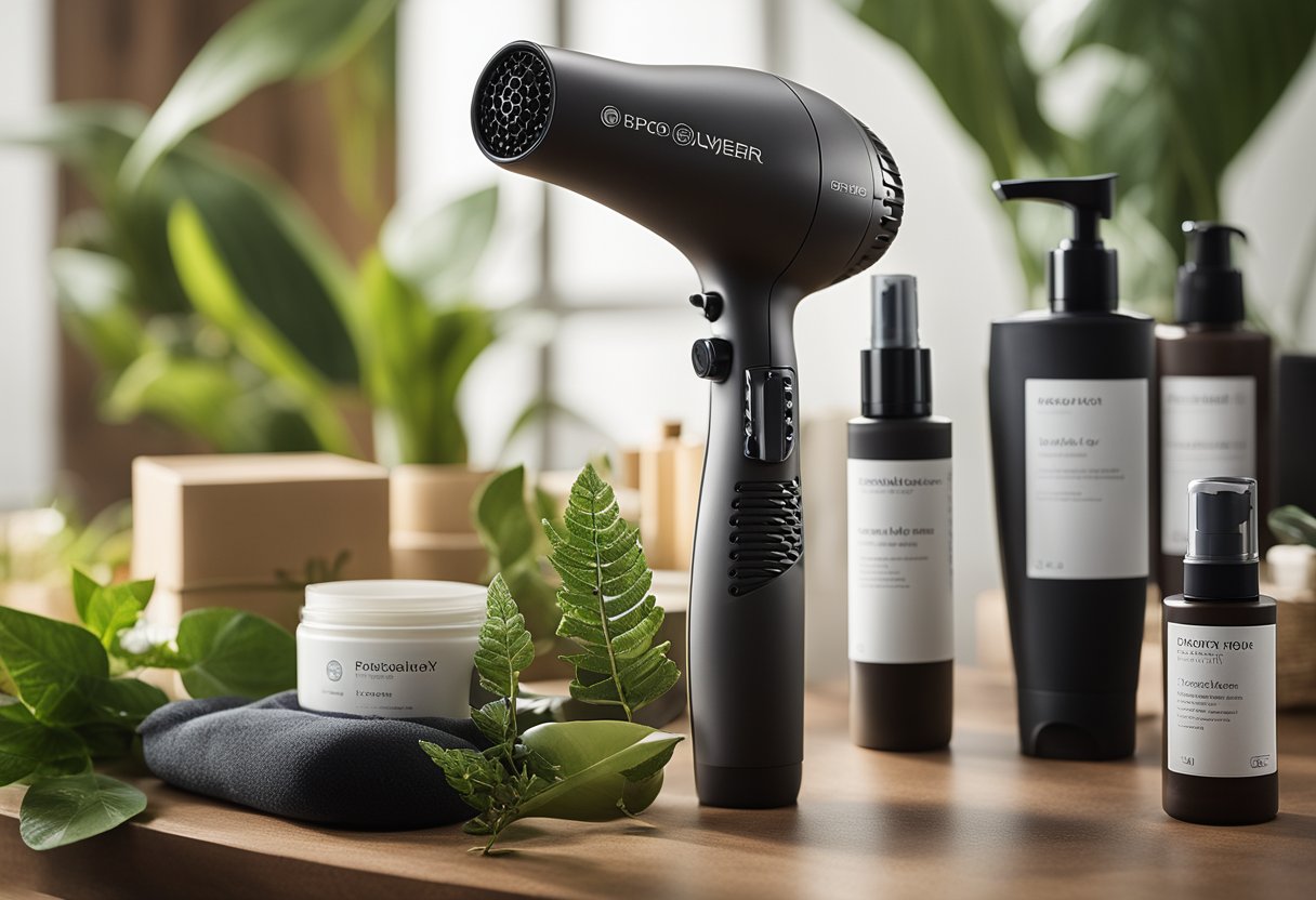 A hair dryer with eco-friendly label, surrounded by sustainable beauty products