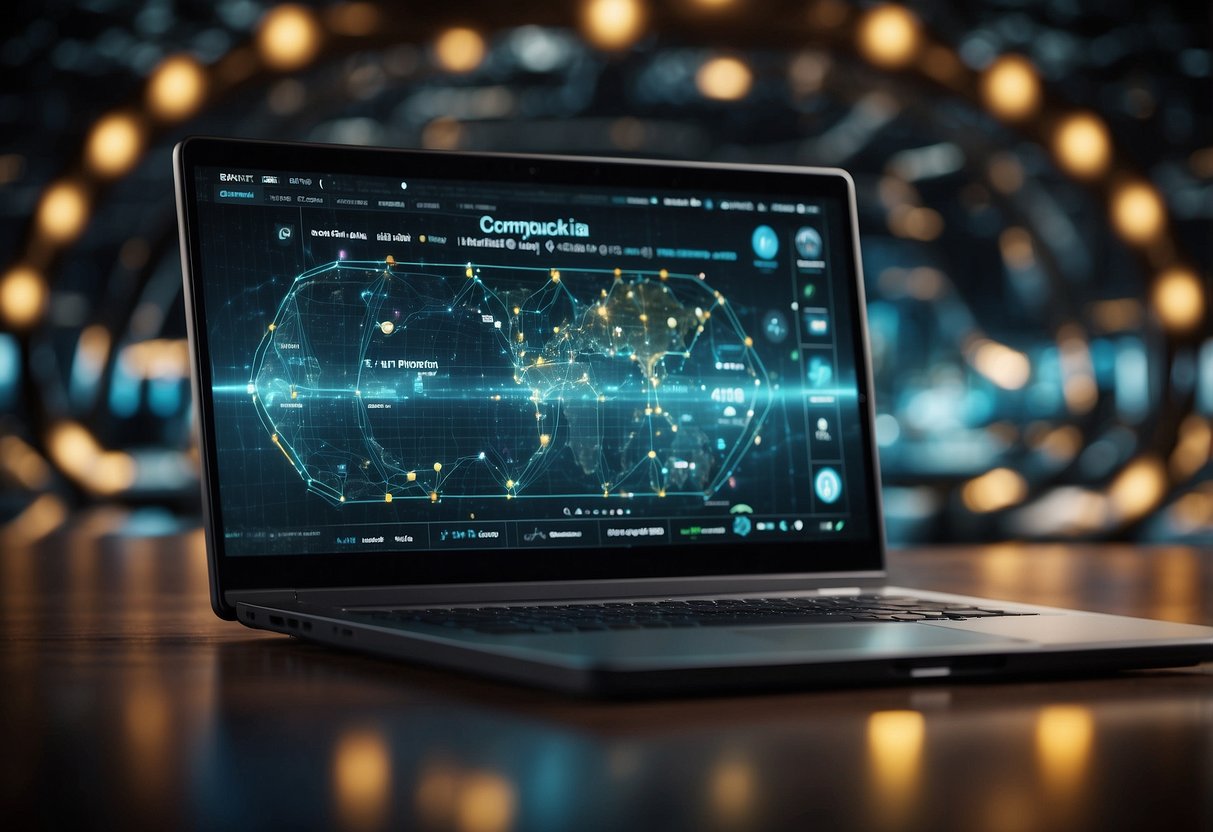 A computer screen displays a blockchain network with various interconnected nodes and transactions, symbolizing the basics of cryptocurrency and programmable money