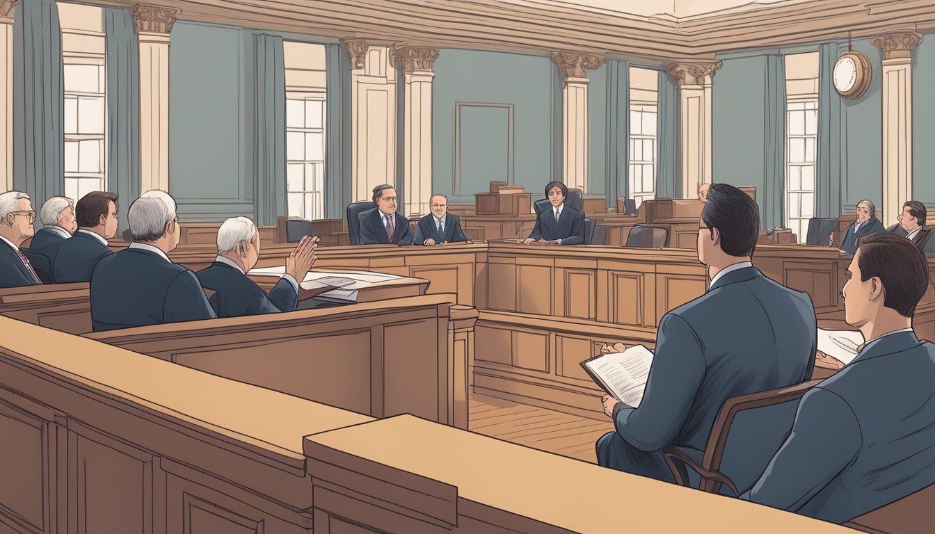 The legislative context and impact of no-fault insurance is depicted through a courtroom setting with lawyers presenting arguments to a judge