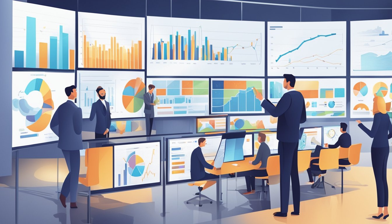 A group of professionals discussing investment and financing options, with charts and graphs displayed on a large screen