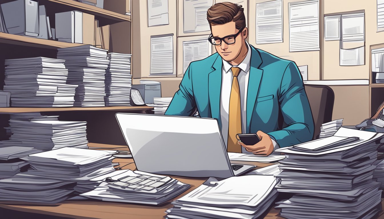 An insurance broker sits at a desk, speaking on the phone and typing on a computer while surrounded by stacks of paperwork and files