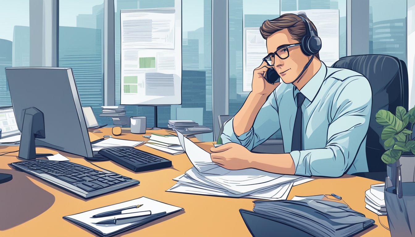 An insurance broker sits at a desk, surrounded by paperwork and computer screens.</p><p>They are speaking on the phone, explaining policies to a client