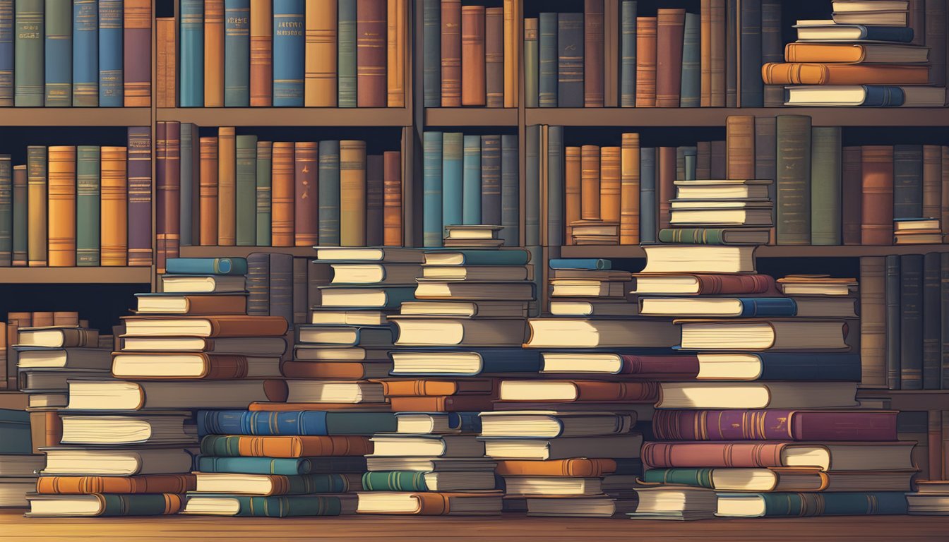 A stack of books surrounded by open dictionaries, with linguistics textbooks and language charts on the walls