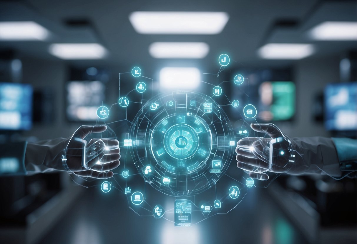 A hospital with blockchain technology integrated into its systems, showing secure and transparent data transfer. Cryptocurrency symbols are seen exchanging hands within the healthcare setting