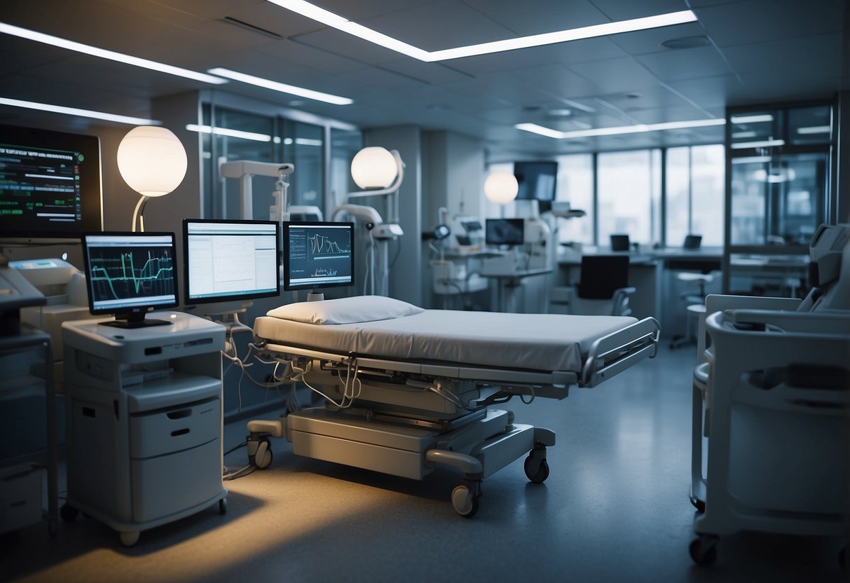 A hospital room with medical equipment and a blockchain network connecting patient data. Challenges and benefits of cryptocurrency in healthcare