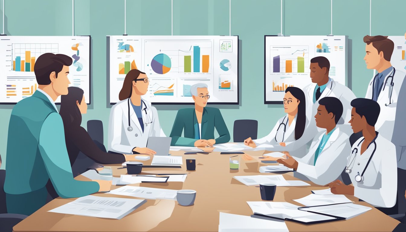 A group of doctors and insurance professionals discussing medical loss ratio definition with charts and graphs displayed on a conference room wall