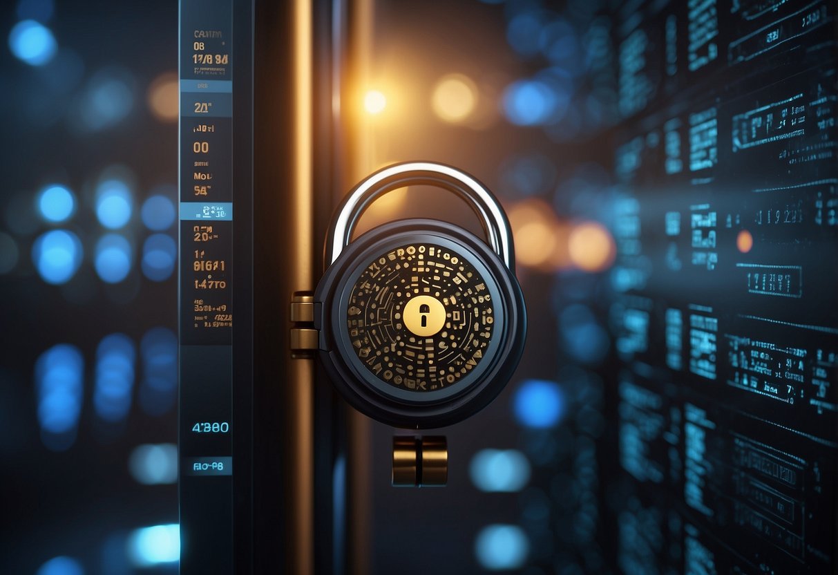 A digital lock with cryptocurrency symbols, a key, and a biometric scanner, surrounded by binary code and encryption algorithms