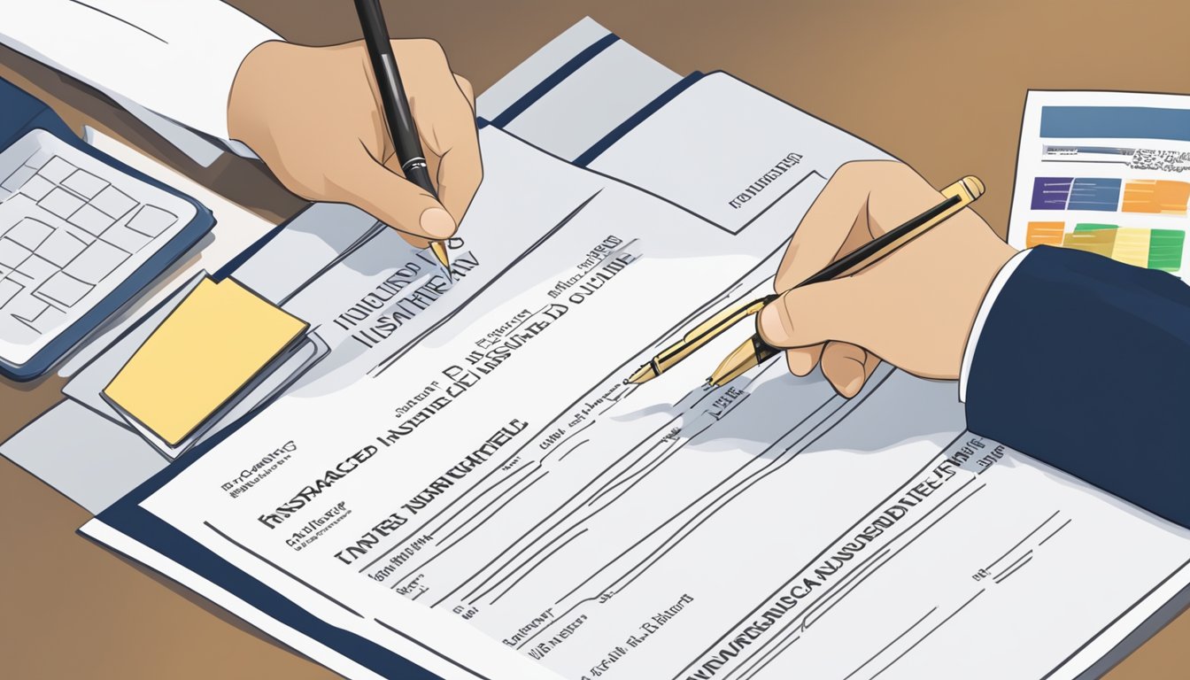 A person signs a legal document while an insurance policy is displayed, defining the named insured