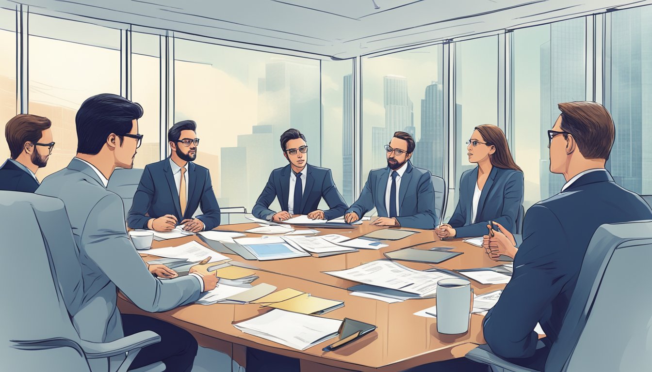 A group of people discussing potential risks and strategies in a boardroom setting