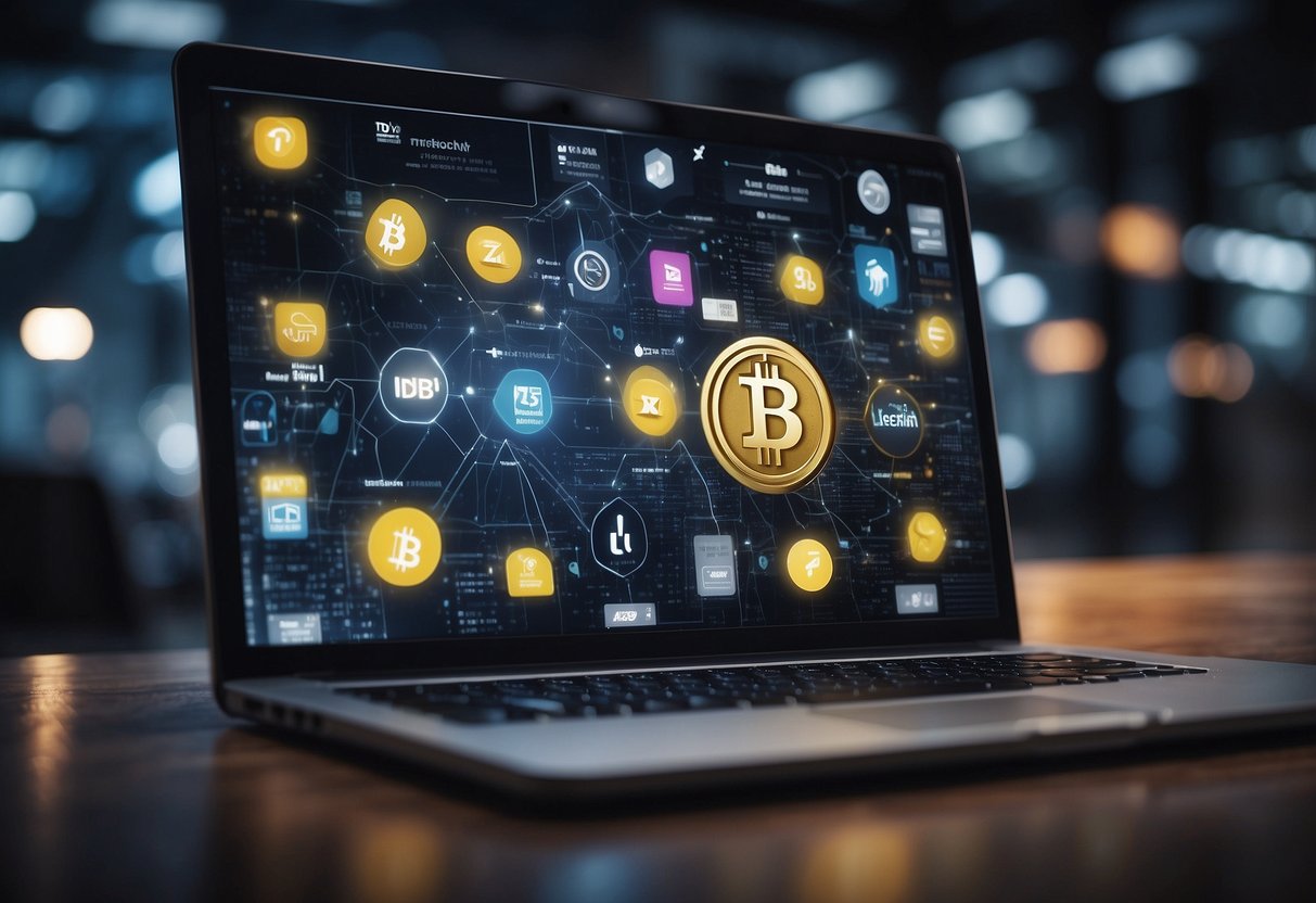 A bustling online marketplace transformed by cryptocurrency and blockchain technology. Digital transactions and secure networks revolutionize e-commerce