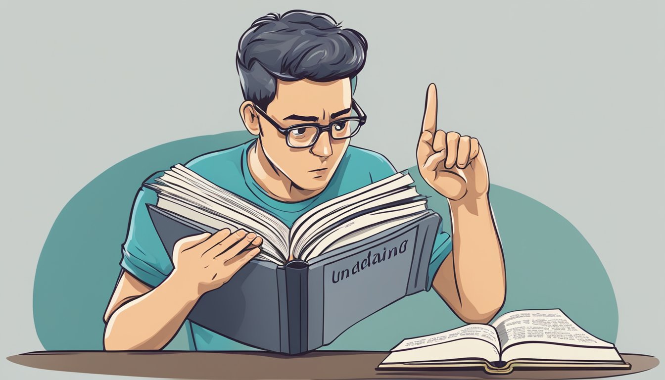 A person reading a dictionary, pointing to the word "Understanding" with a puzzled expression