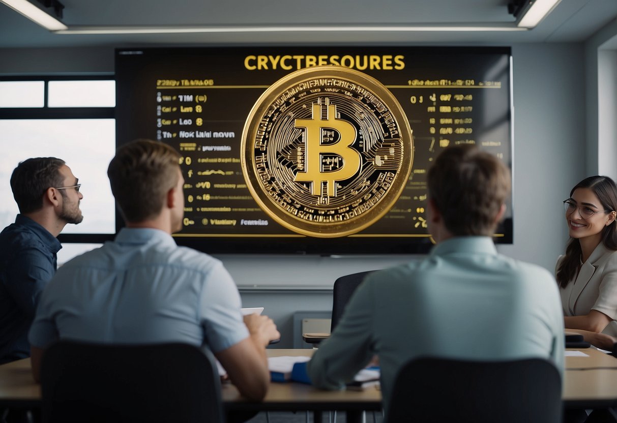 Cryptocurrencies and the Education Sector: A classroom setting with students engaged in technology and finance discussions, while a teacher presents digital currency concepts on a whiteboard