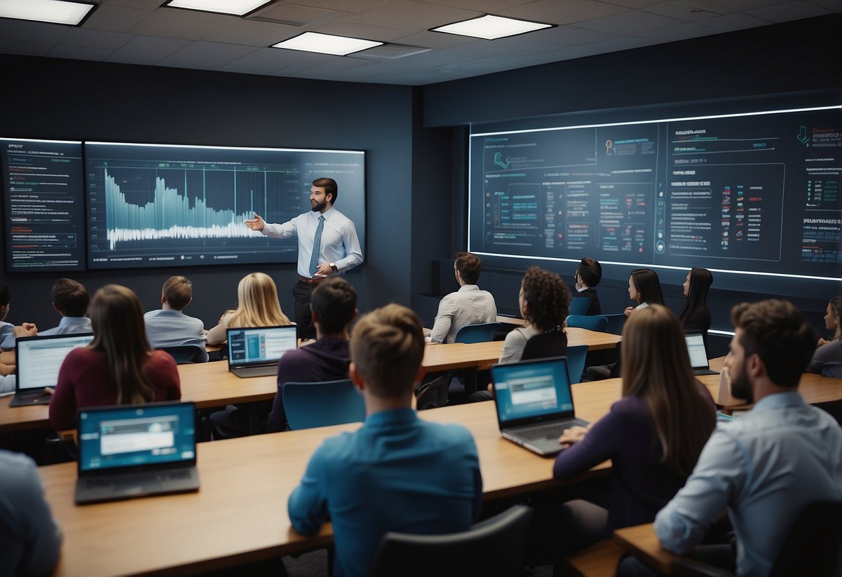 A classroom setting with students engaged in learning about cryptocurrency and blockchain technology, with visual aids and interactive discussions