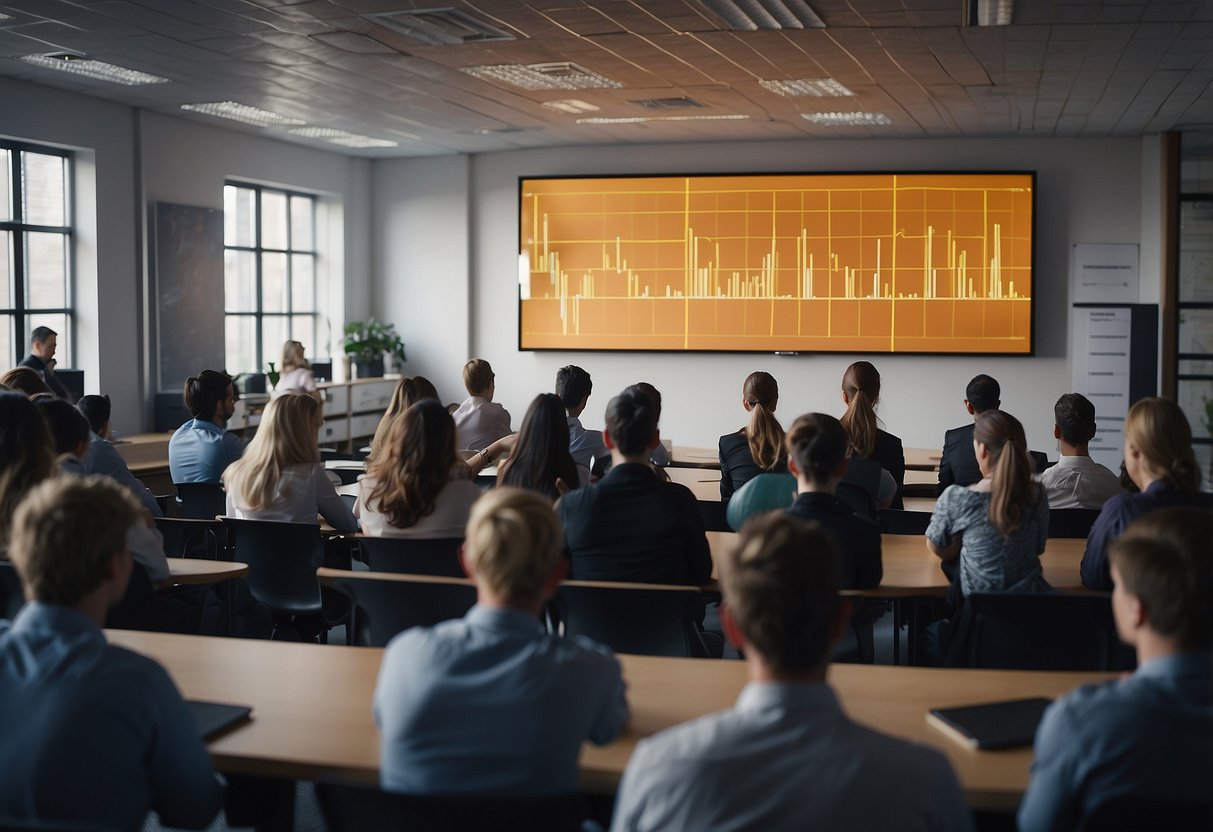 A classroom filled with students and teachers discussing cryptocurrency and its impact on the education sector. Charts and graphs display economic data on the walls