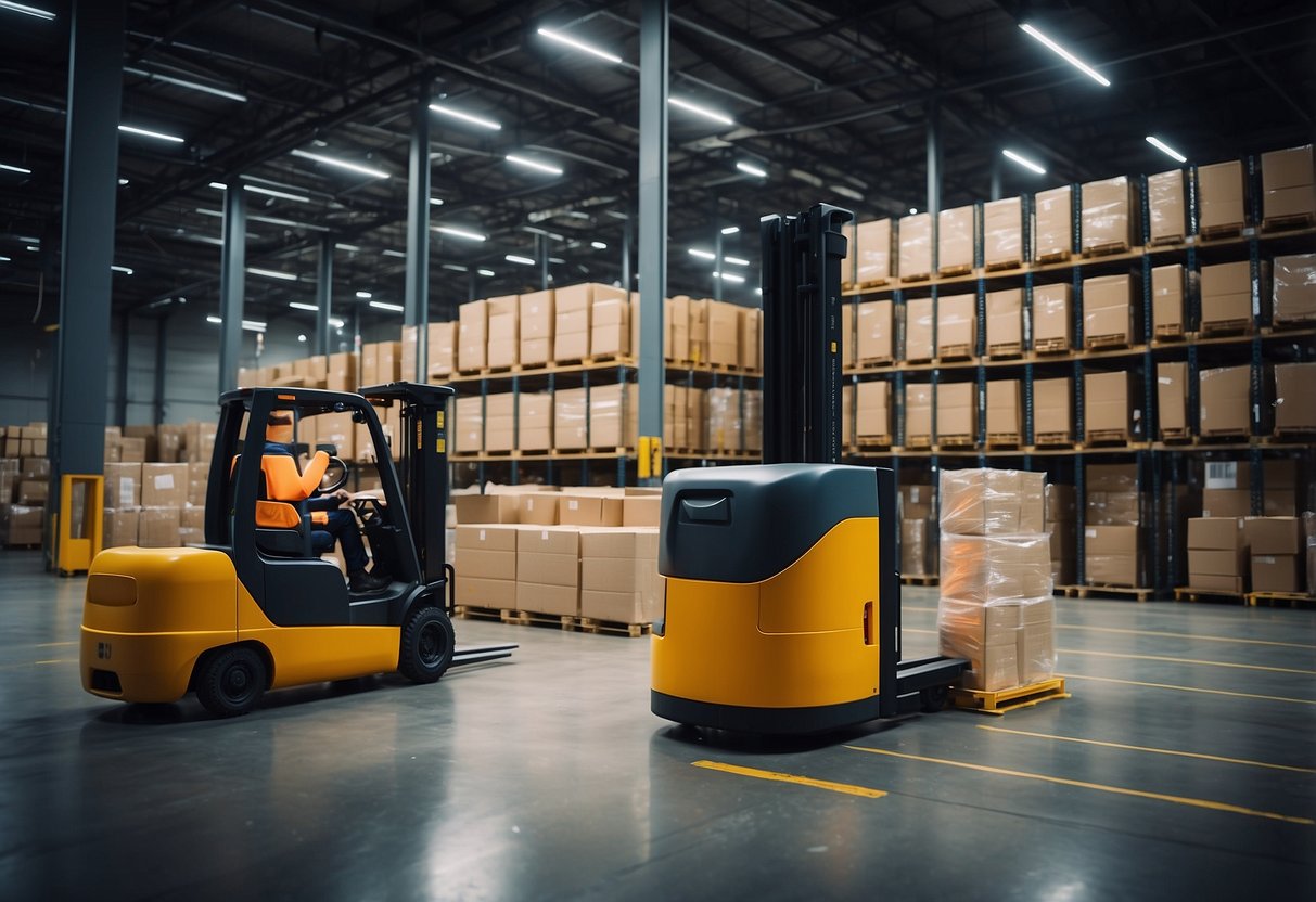 A warehouse with goods being scanned and tracked using blockchain technology. Trucks loading and unloading with transparent, secure transactions