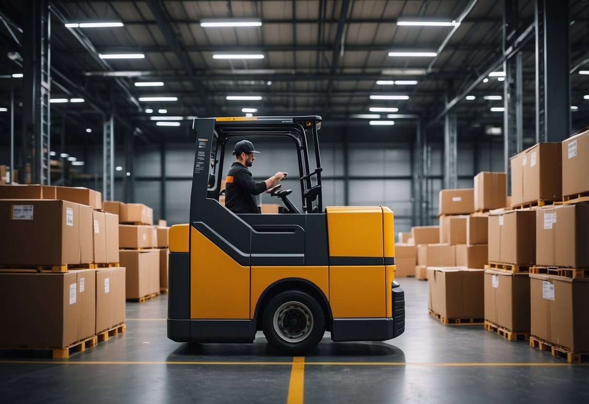 A warehouse with goods being scanned and tracked using blockchain technology. Trucks loading and unloading with transparent, secure transactions