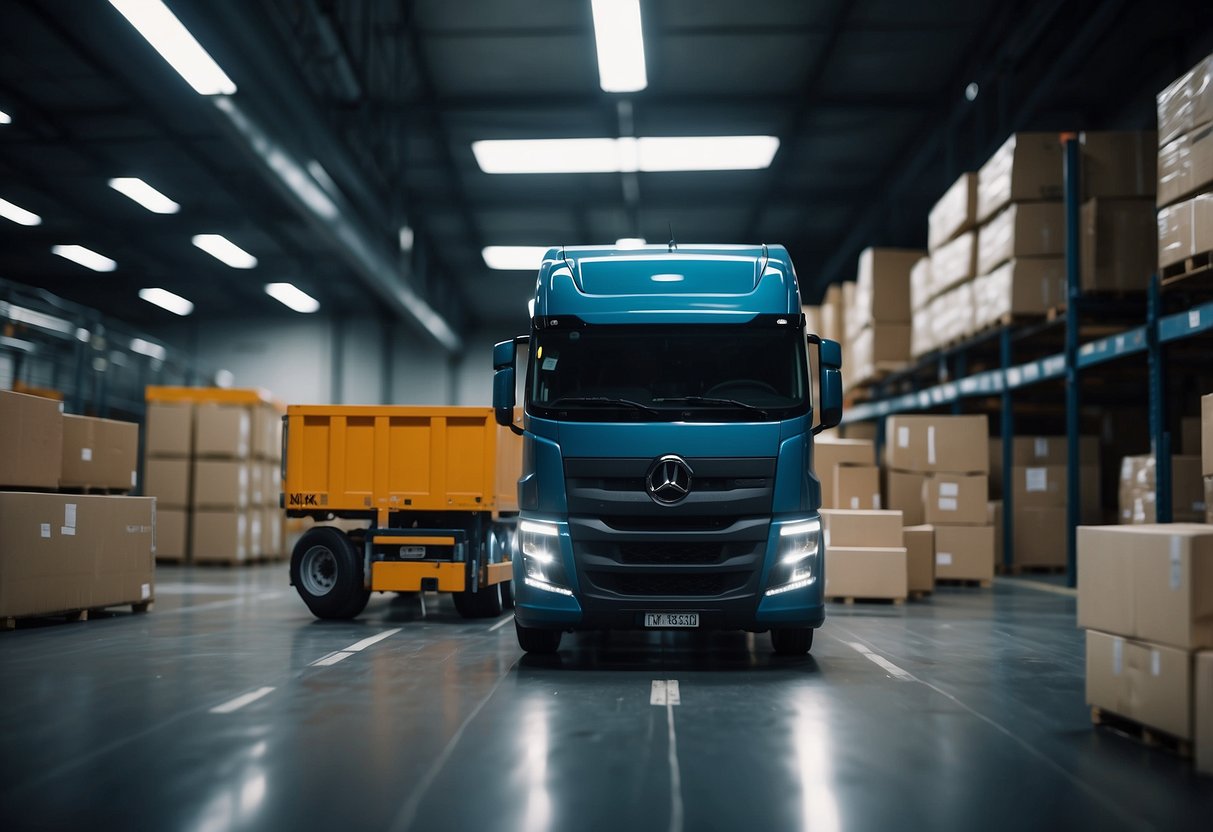 A warehouse with goods being tracked by blockchain technology, trucks arriving and departing, and a seamless flow of information and transactions