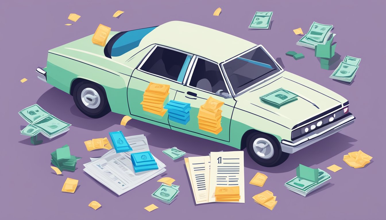 A car surrounded by various insurance documents and a calculator, with a thought bubble showing dollar signs and question marks