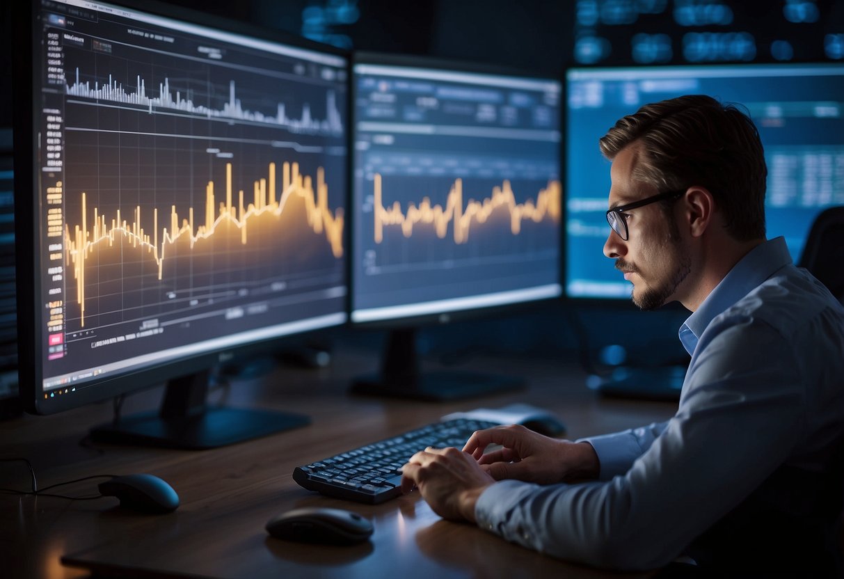 A person researching ICOs, surrounded by computer screens, charts, and financial documents. Bright light illuminates the focused individual