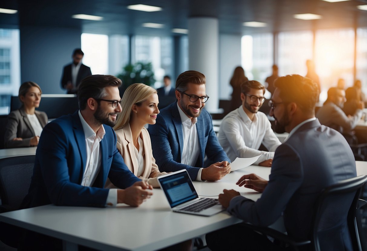 A group of people researching and discussing ICO investments in a modern office setting