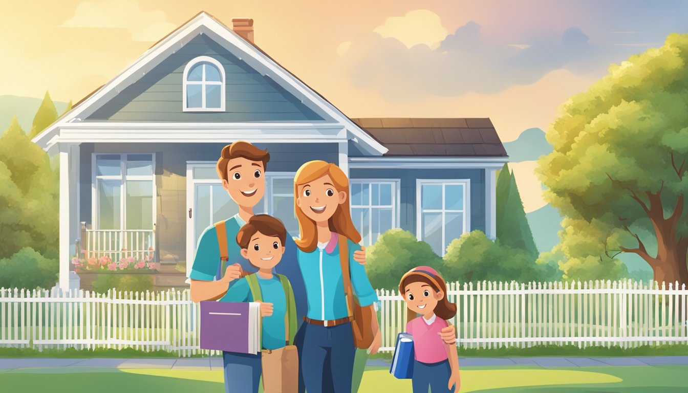 A family stands in front of their house, holding a document labeled "Homeowners Insurance Application." The house is surrounded by trees and a fence, with a blue sky in the background