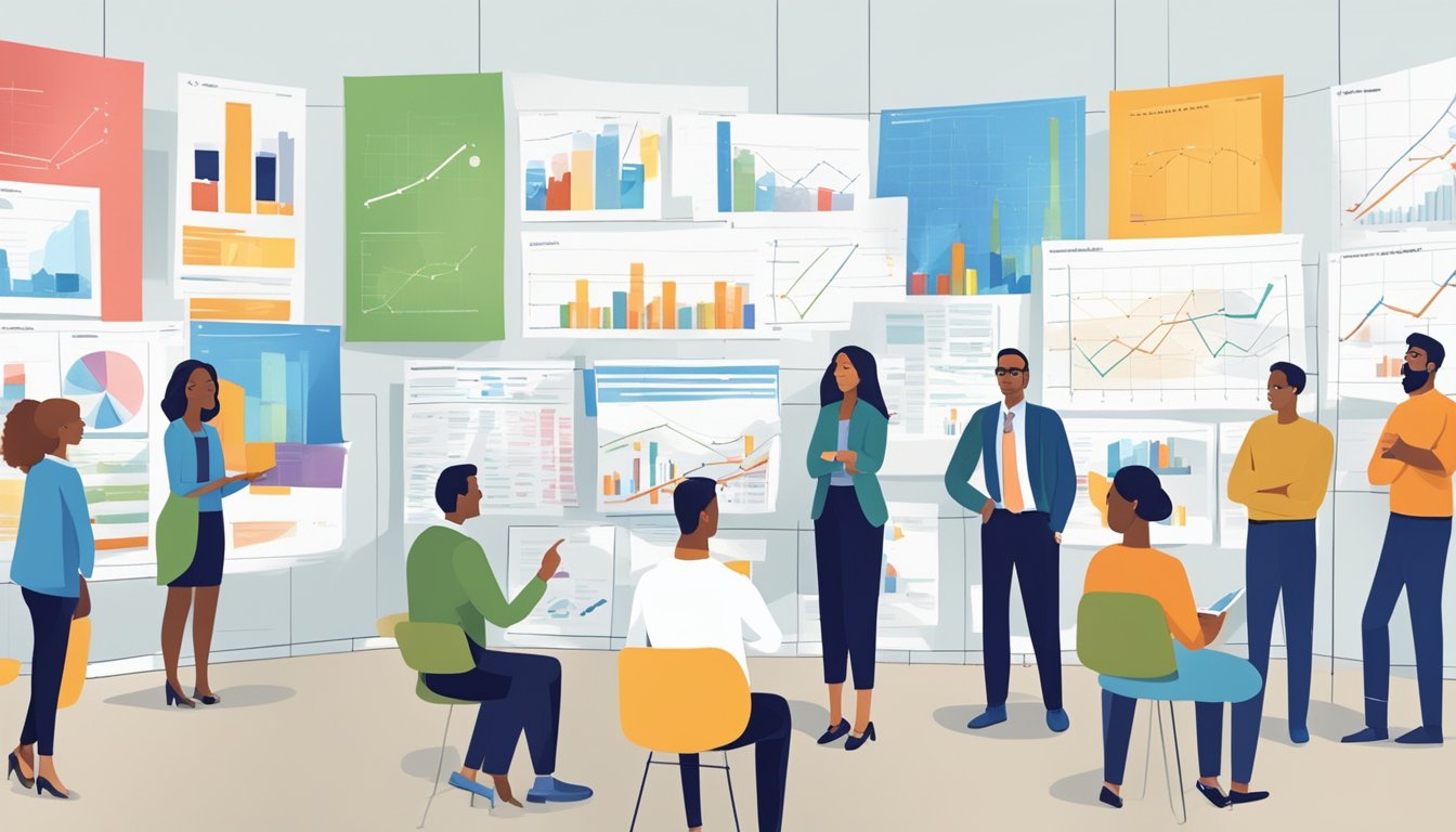 A diverse group of people engage in discussions, facing a wall covered in charts and diagrams illustrating social challenges and their real-world implications