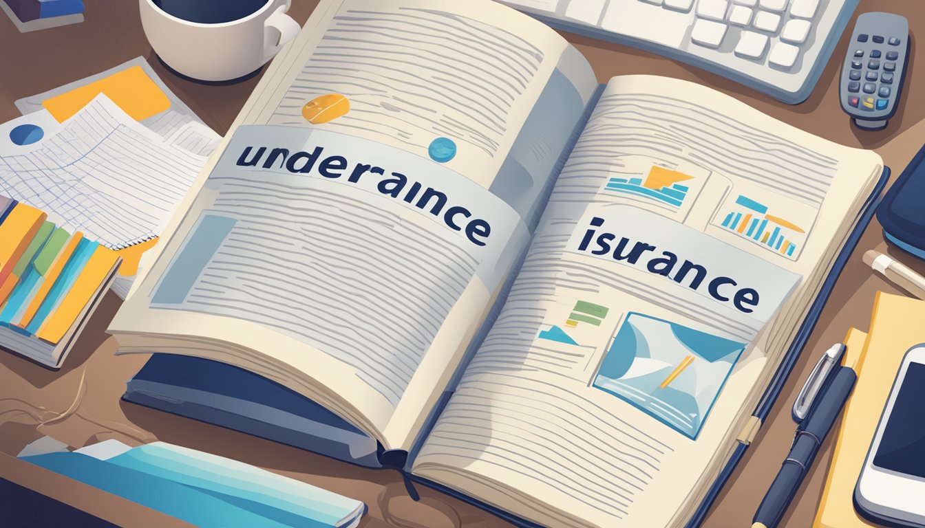 A large book with "Understanding Insurance Terms" on the cover sits open on a desk, surrounded by various insurance-related documents and a computer displaying insurance terms