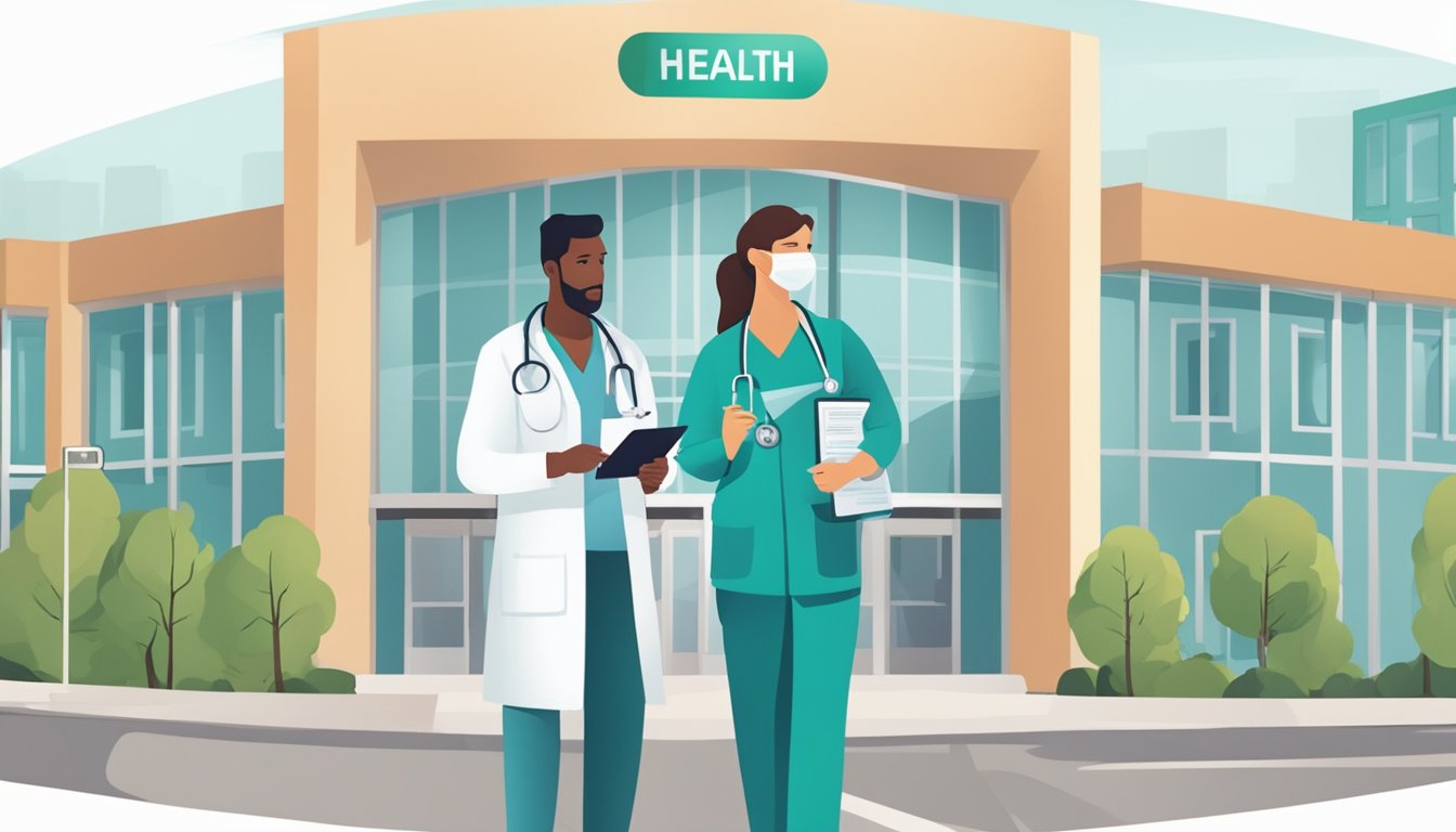 A person holding a health insurance card while standing in front of a hospital, with a doctor and nurse in the background