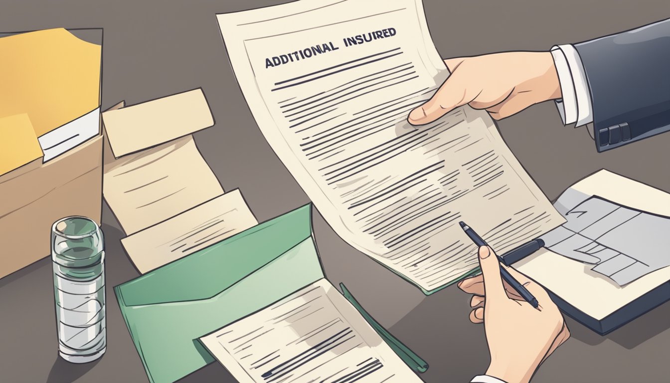 A person handing over a document to another person, with the words "additional insured" prominently displayed on the paper