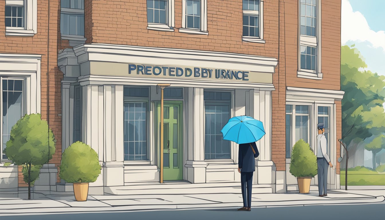 An additional insured is depicted by a person holding an umbrella, standing next to a building with a sign that reads "protected by insurance."