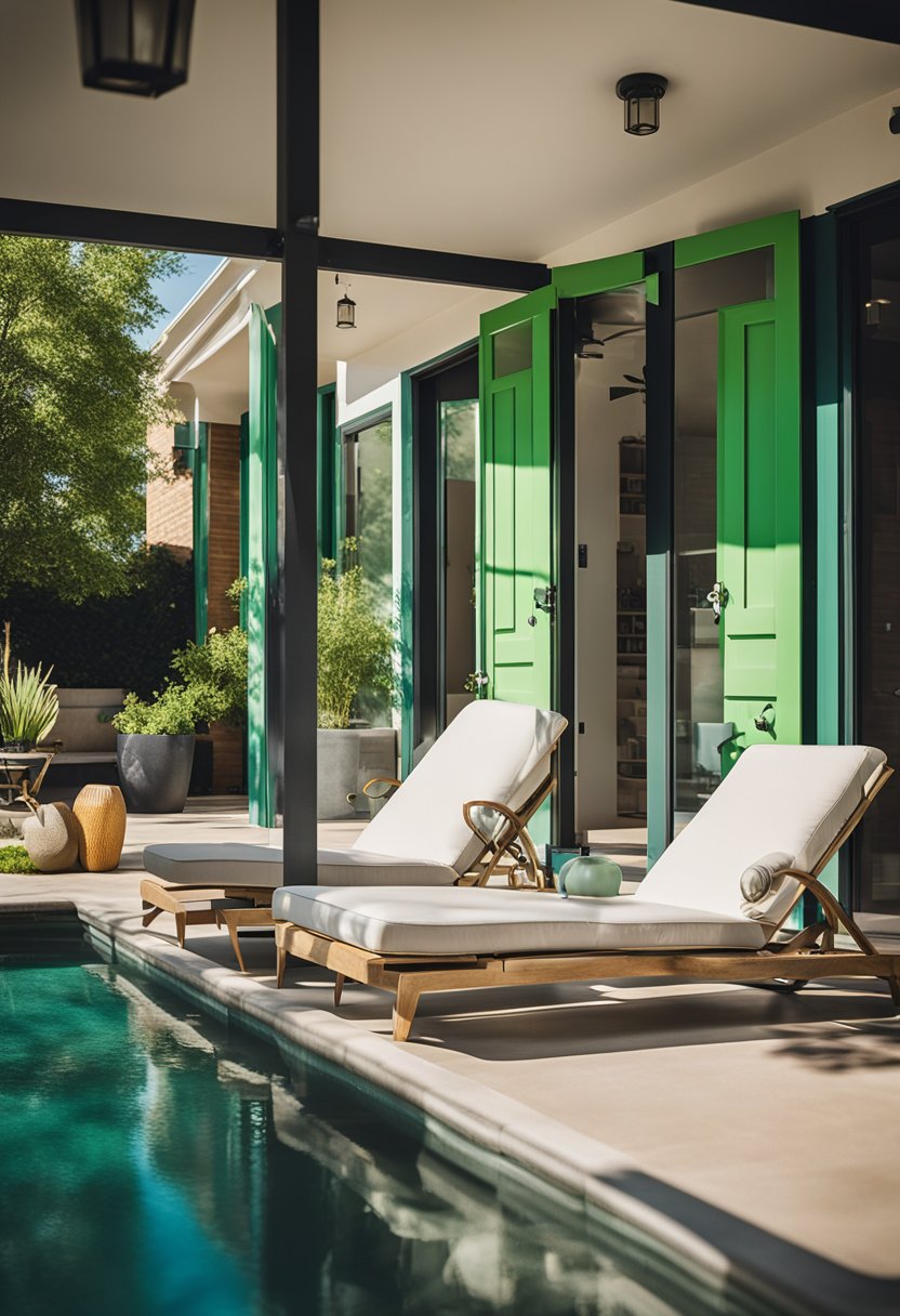 A sunny poolside scene at Green Door Lofts - Tuna Loft, with vibrant green doors and a relaxing atmosphere