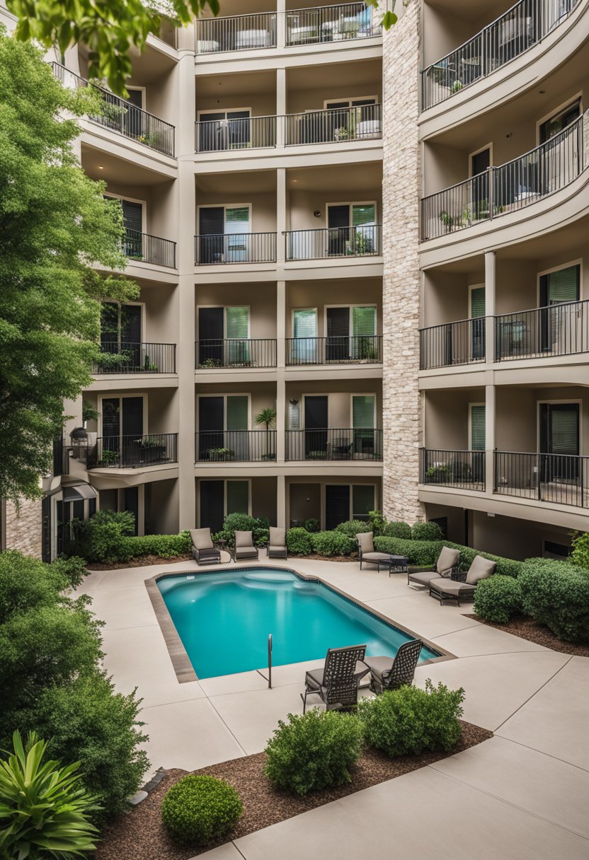 A spacious condo in a gated community in Waco, Texas, with a pool and lush greenery. The exterior features a modern design with large windows and a well-maintained landscape