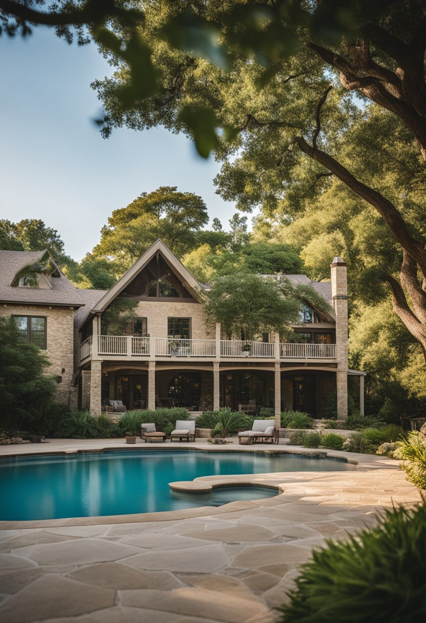 A cozy home nestled in Valley Mills, with a sparkling pool surrounded by lush greenery and a clear blue sky