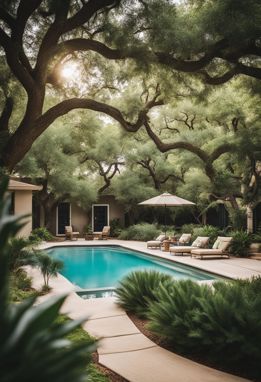 A lush oasis with Texas evergreen trees surrounds a vacation rental with a sparkling pool