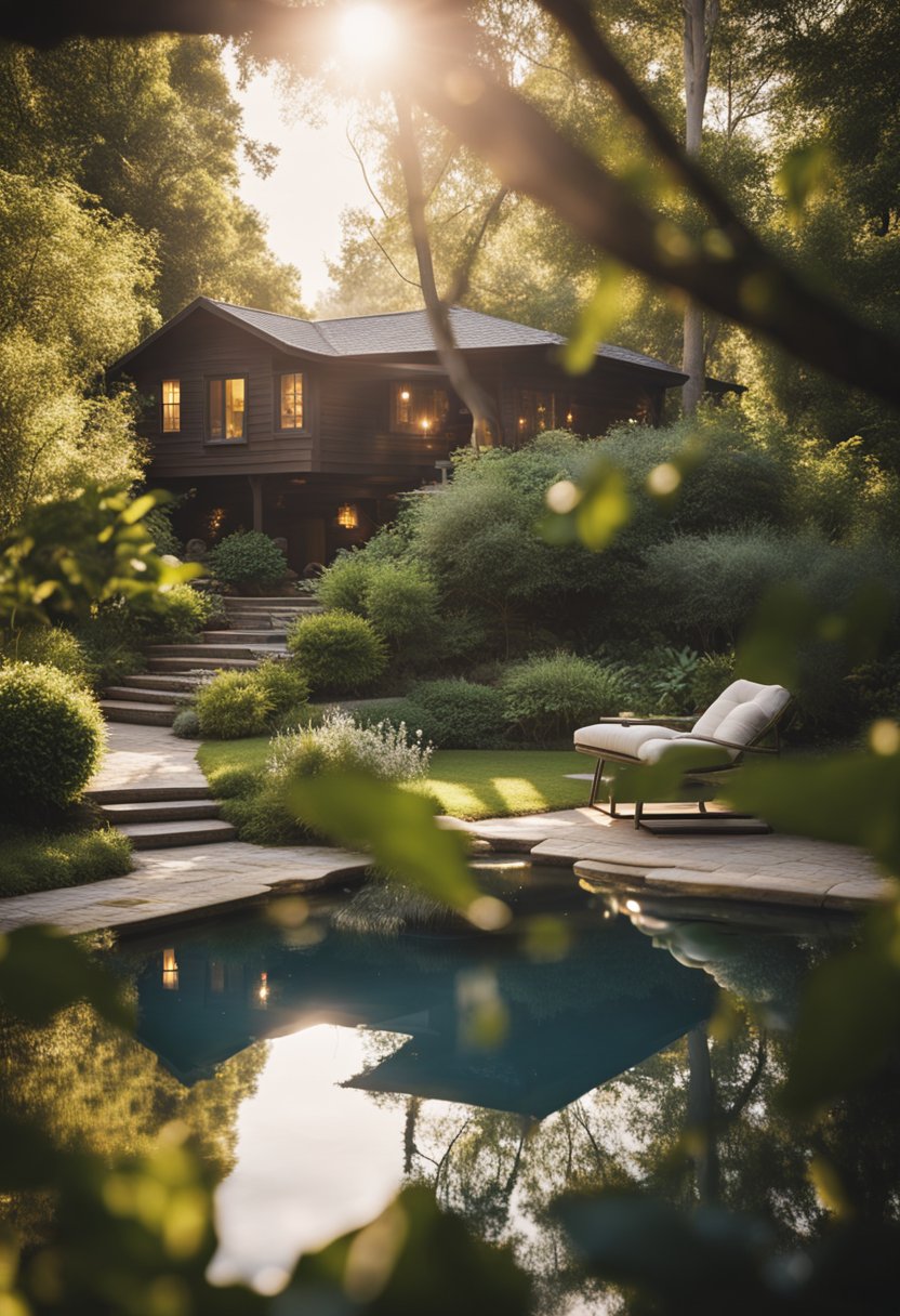 A charming creek house sits nestled among the trees, with a shimmering pool in the backyard. The sun casts a warm glow over the scene, creating a peaceful and inviting atmosphere