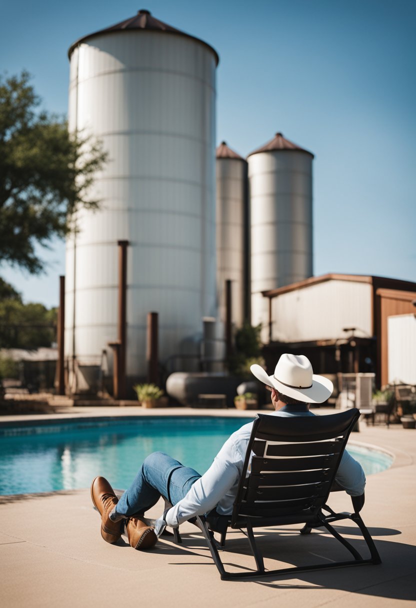 A cowboy lounges by a pool between two silos at Cameron Park