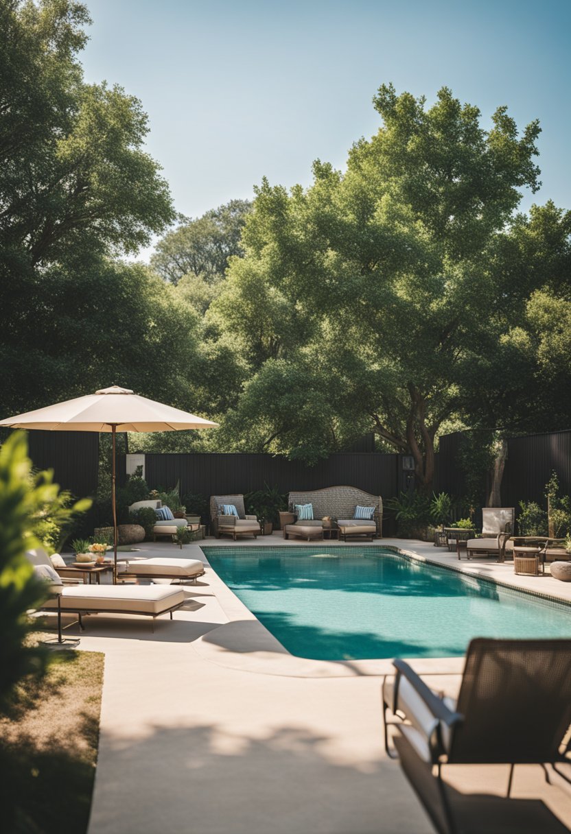 A sunny backyard with a sparkling pool surrounded by lounge chairs and lush greenery in Waco, Texas