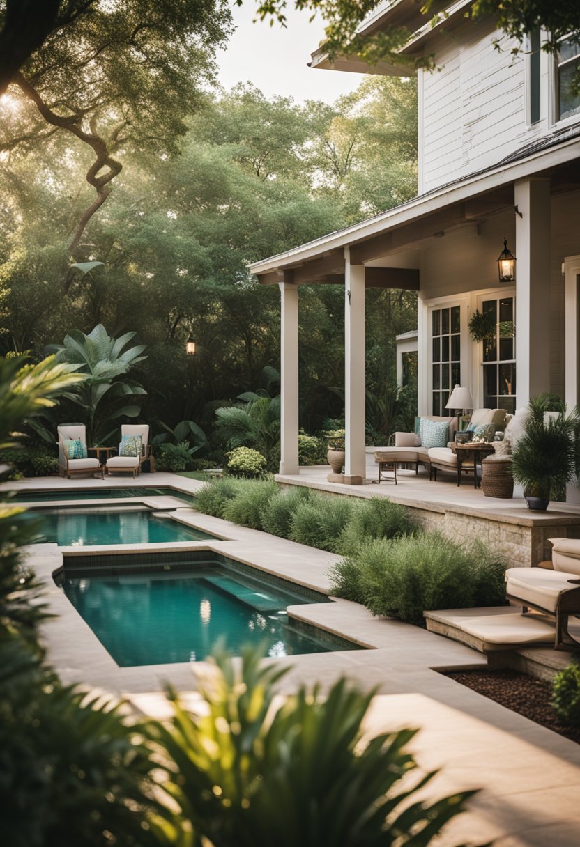 A serene backyard with a sparkling pool surrounded by lush greenery and a cozy vacation rental in Waco, Texas