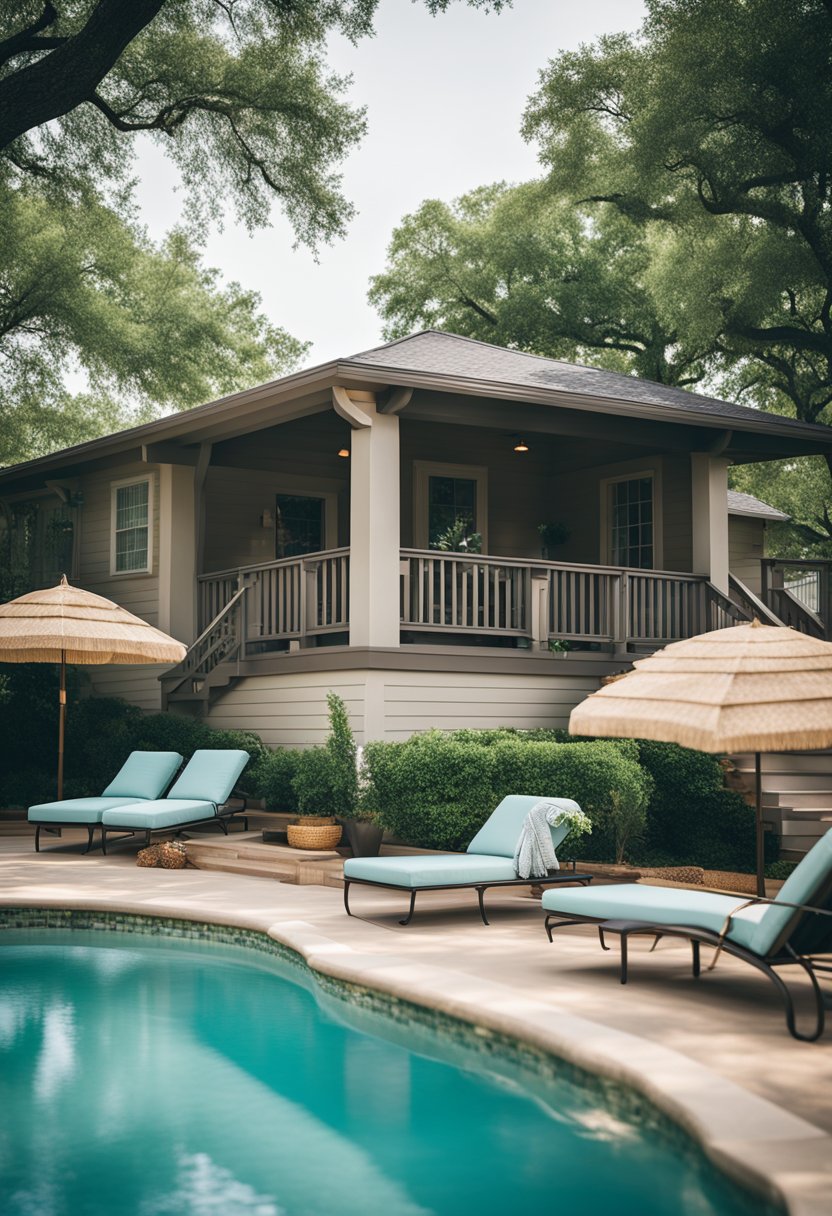 A spacious vacation rental in Waco, Texas, featuring a sparkling pool surrounded by comfortable lounge chairs and shady umbrellas