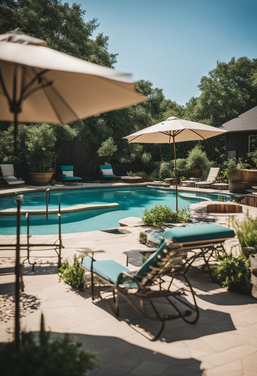 A sunny day at a vacation rental in Waco, Texas. A sparkling pool surrounded by lounge chairs, umbrellas, and lush greenery, creating a relaxing oasis for guests to enjoy
